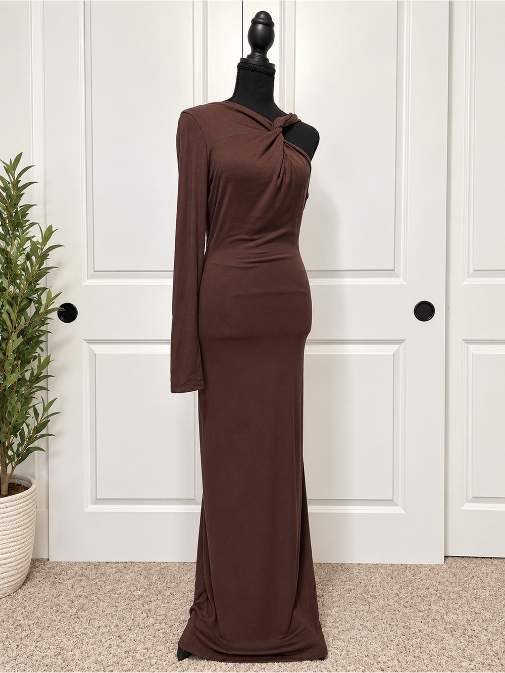 Fashion Nova One-Shoulder Brown Twist-Knot Gown